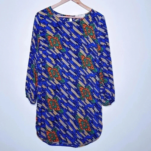 Amanda Uprichard Geometric Print Long Sleeve Silk Tunic Dress Size Medium - Picture 1 of 9